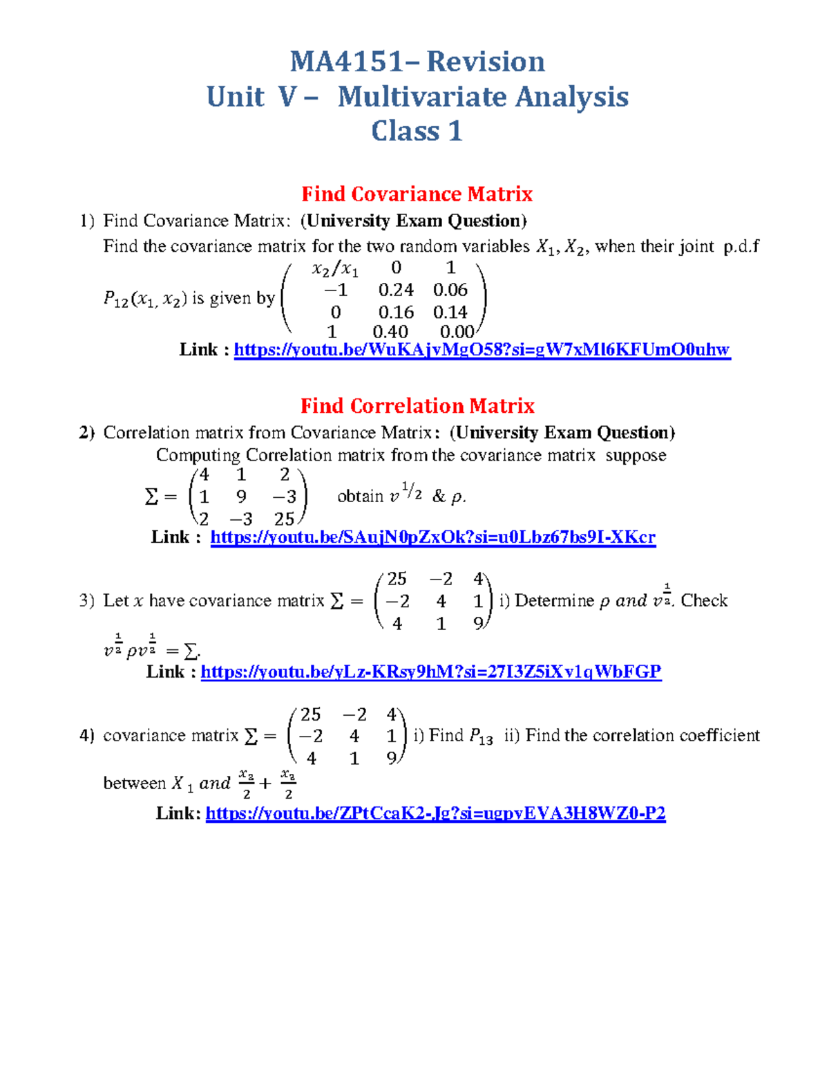 Revision - Unit V - Class 1 - MA4151– Revision Unit V – Multivariate ...