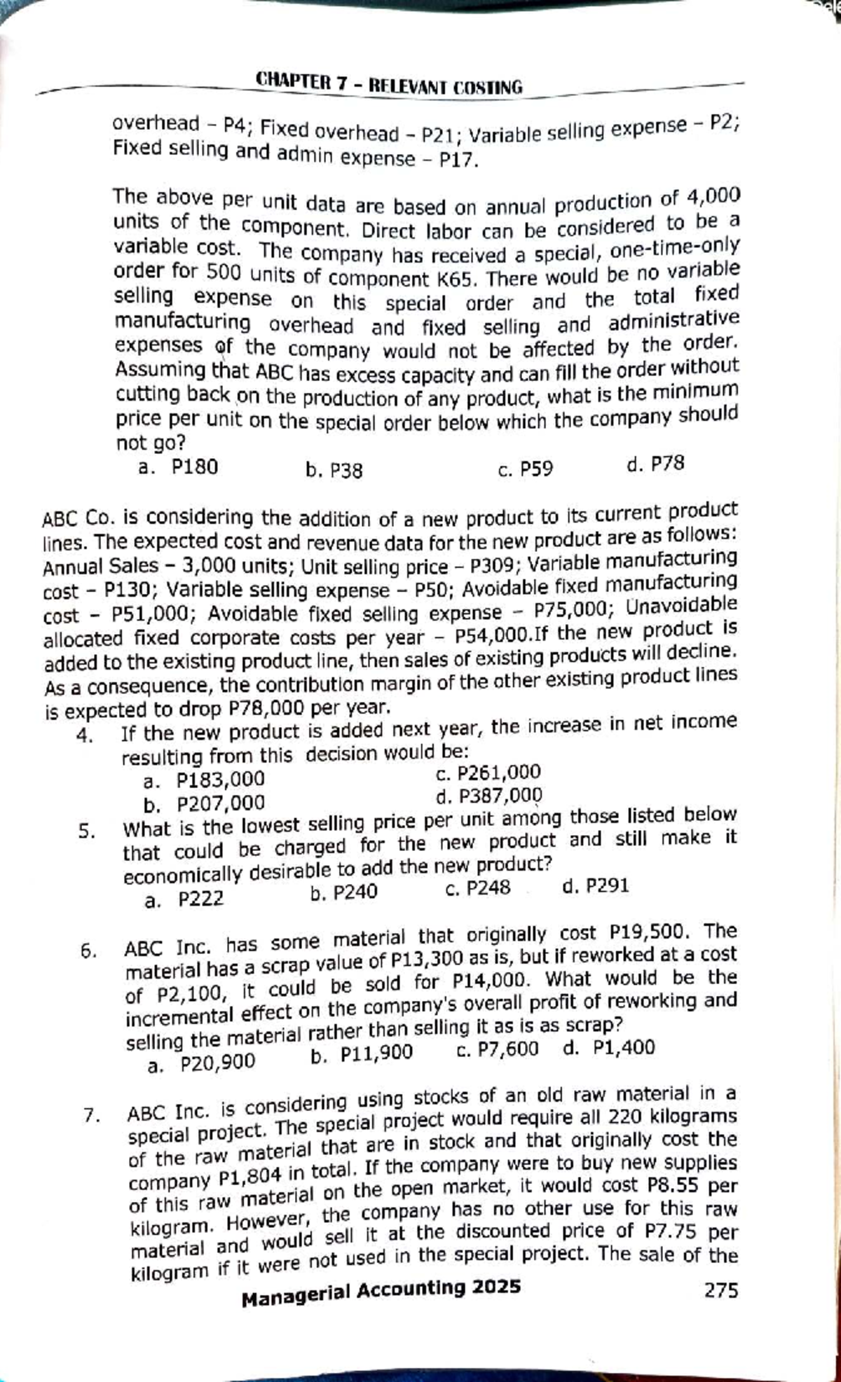 CHAPTER 7 RELEVANT COSTING: Analyzing Fixed and Variable Costs in ...