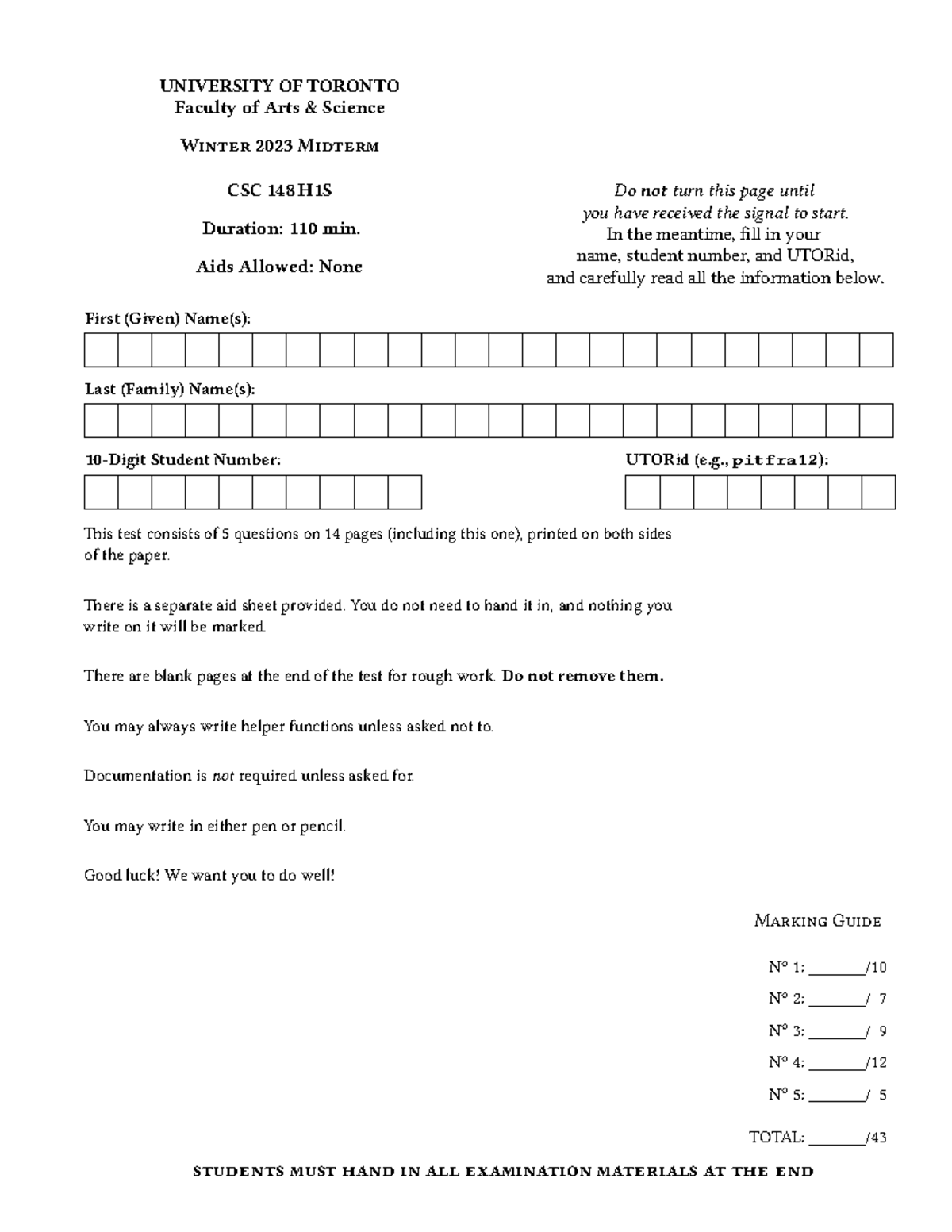 2023 CSC 148 H1S Midterm Practice Exam Questions and Answers - Studocu