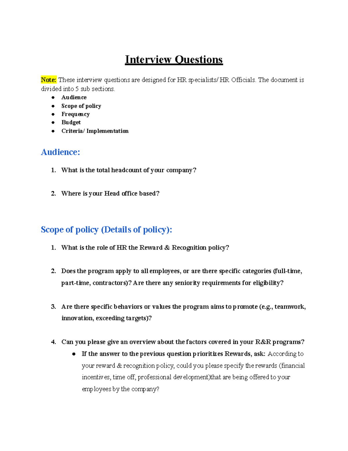 Interview Questions - Case study for project - Interview Questions Note ...