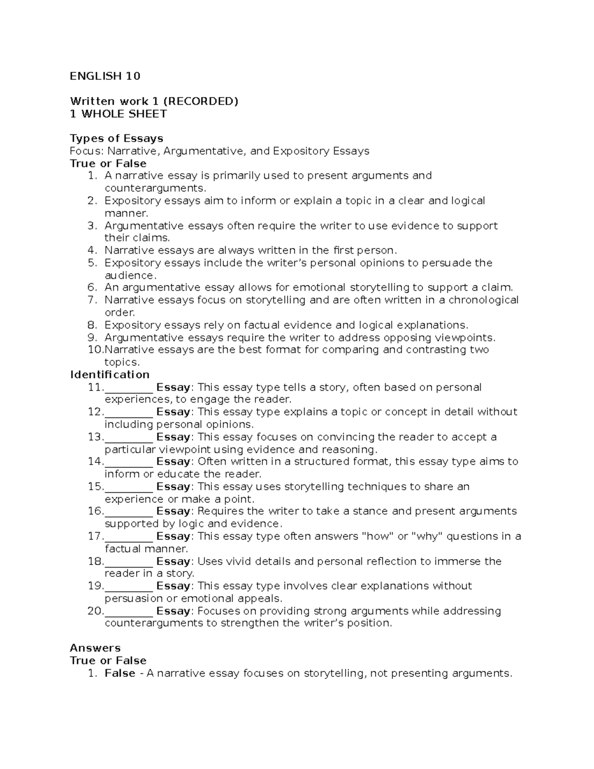 ENGLISH 10 TYPES OF ESSAY QUIZ: Narrative, Argumentative, Expository ...