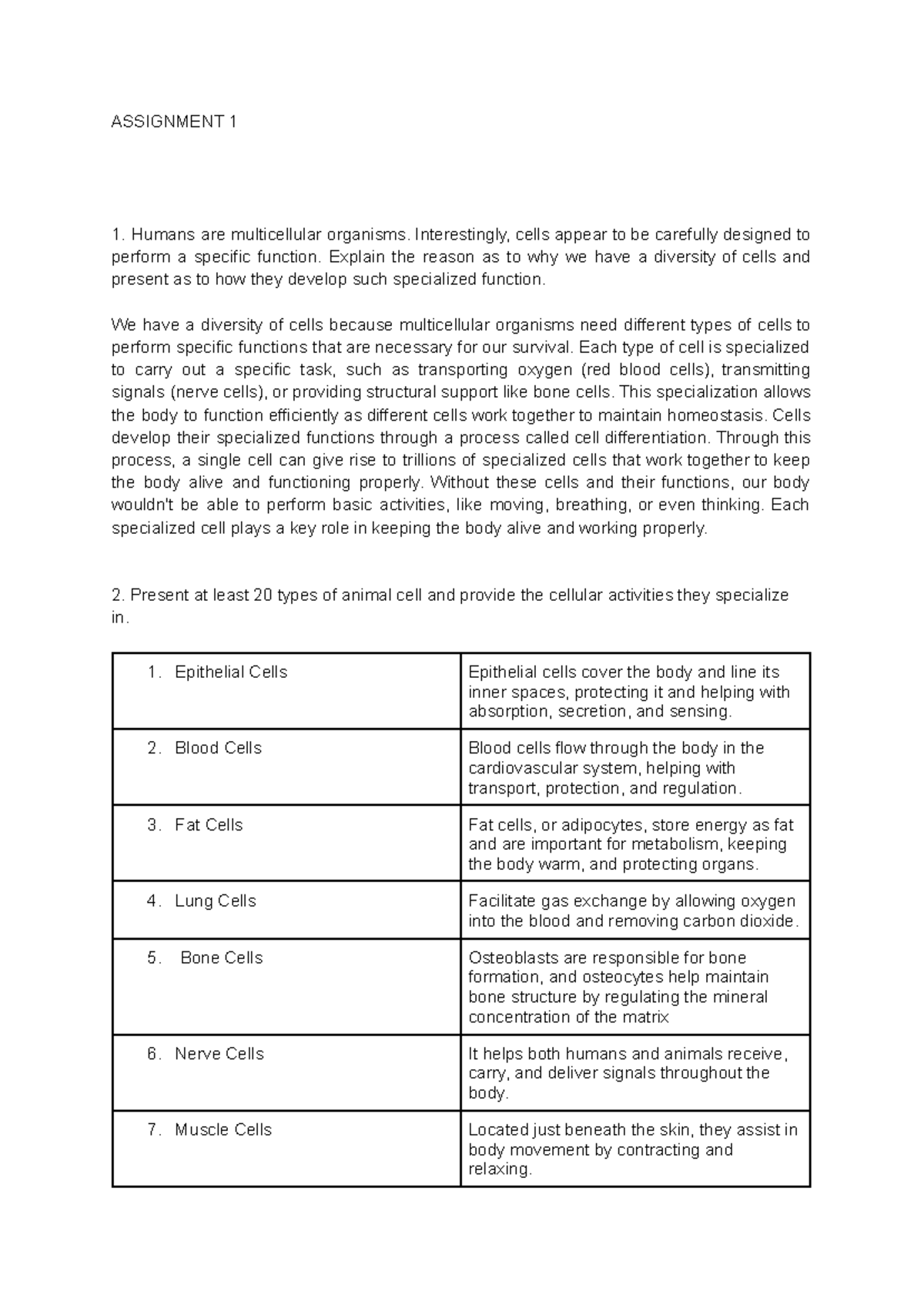 Biology 101: Assignment on Cell Diversity and Specialization - Studocu