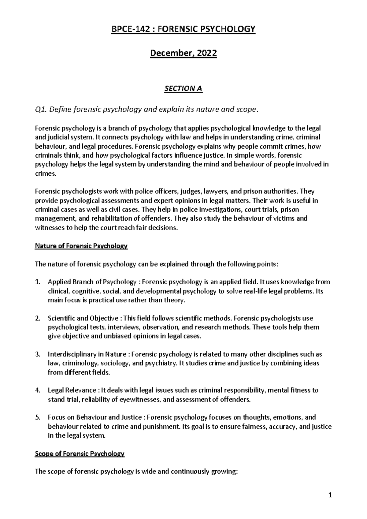 Forensic Psychology Overview and Evaluation Techniques (BPCE-142) - Studocu