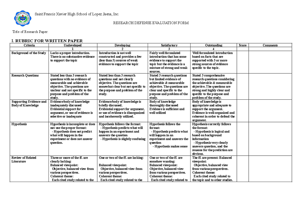 SFXHS Research Defense Evaluation Form: Rubric & Criteria Analysis ...