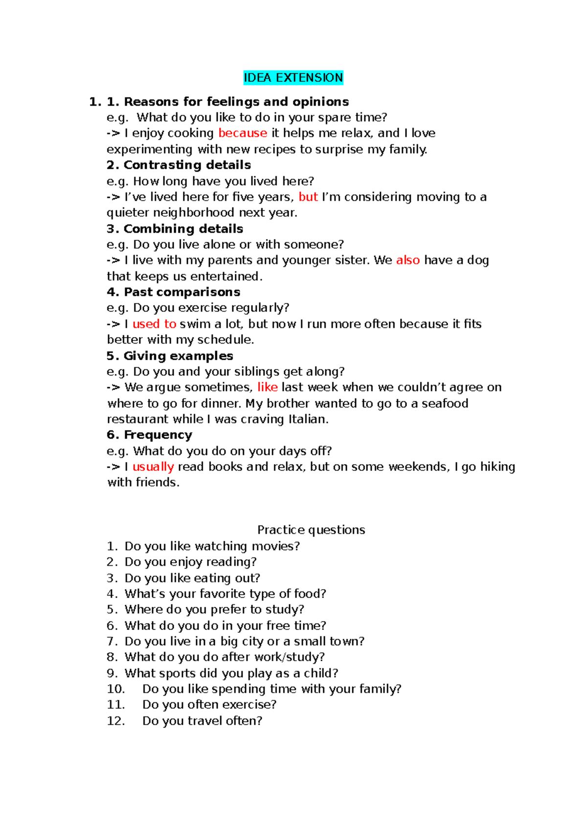 IDEA Extension - IDEA EXTENSION Reasons for feelings and opinions e ...