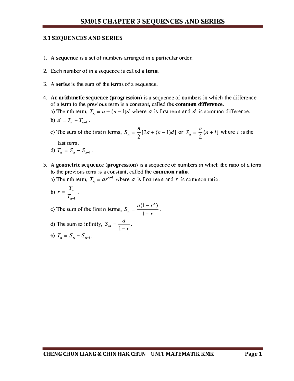 SM015 CHAPTER 3 SEQUENCES AND SERIES: DETAILED NOTES - Studocu