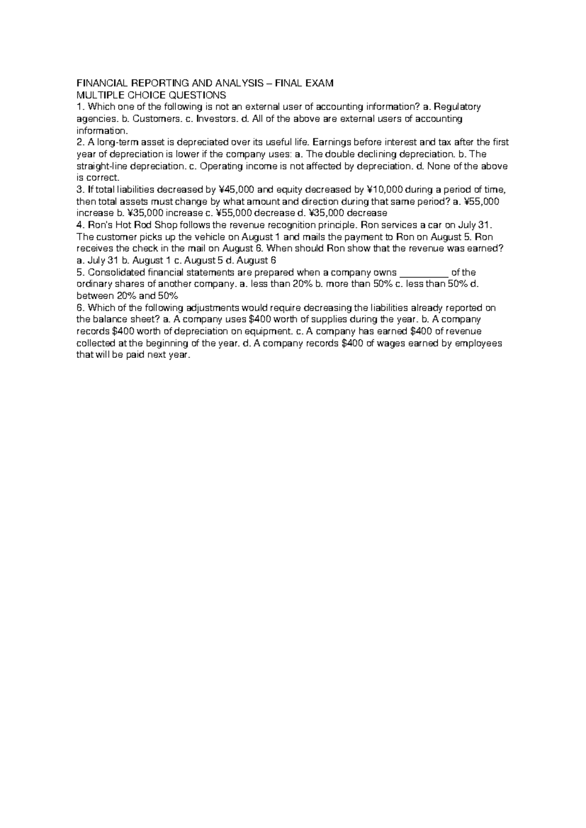 FRA 101 Final Exam MCQs - Mock Test with No Answers - Studocu