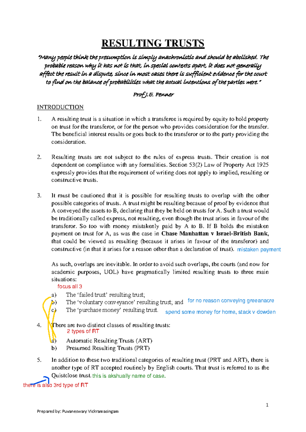 Resulting Trusts: Understanding ART and PRT in Equity Law - Studocu