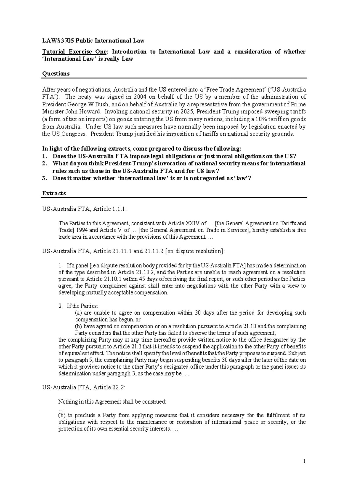LAWS3705 Public International Law Tutorial 1: Key Questions on FTA and ...
