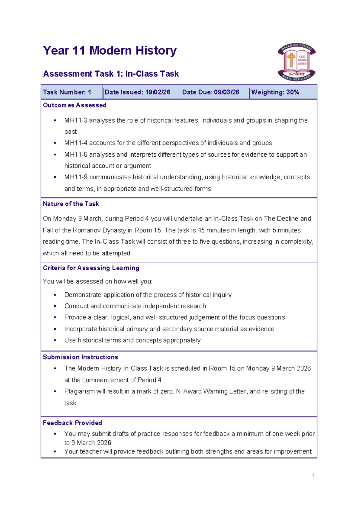 Year 11 Modern History Assessment Task 1: Romanov Dynasty Analysis 2026 ...