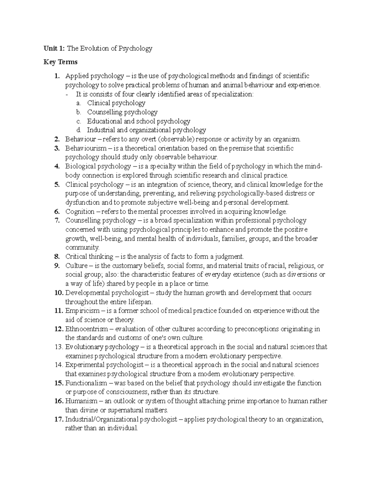 Unit 1 The Evolution of Psychology notes - Unit 1: The Evolution of ...