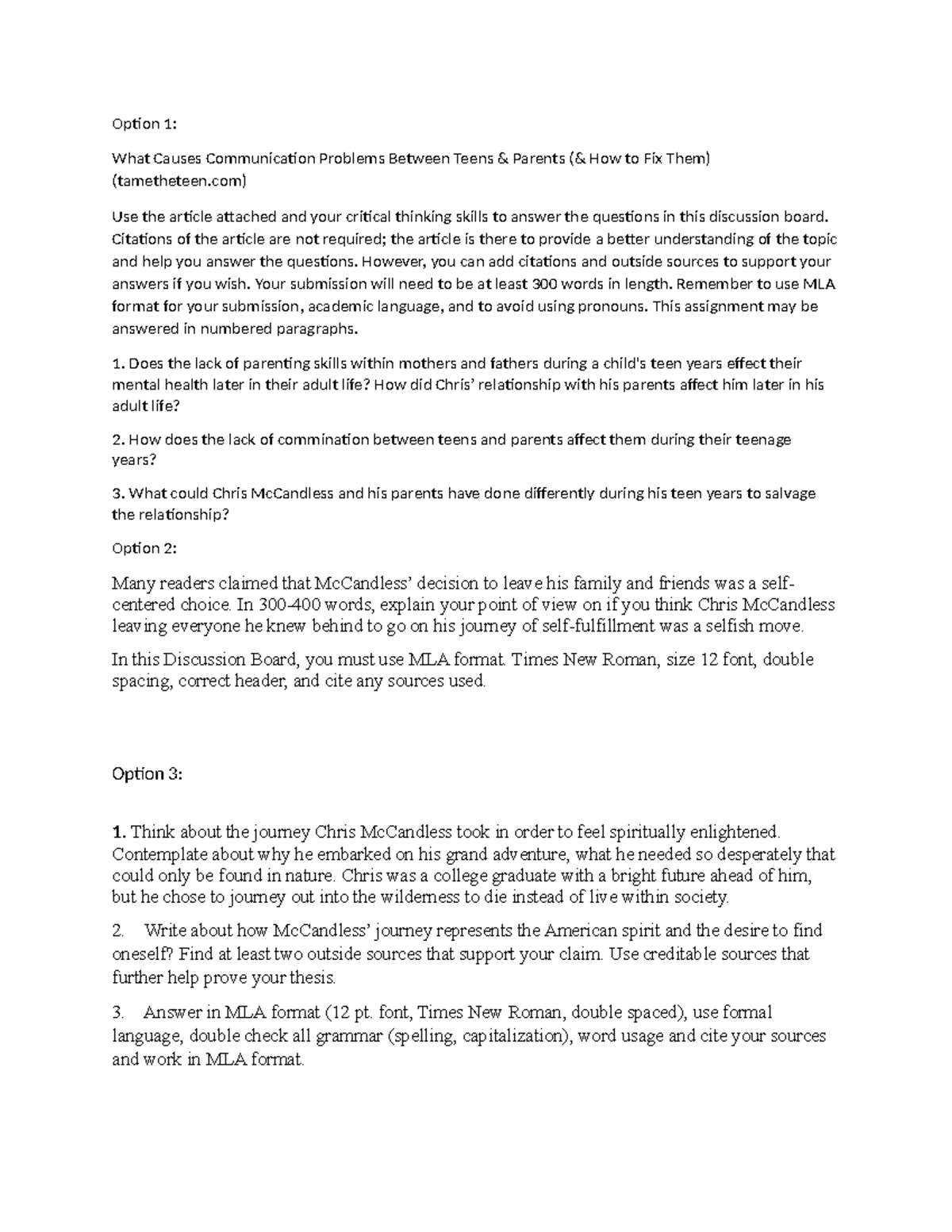 MLA Discussion Board: Communication Issues Between Teens and Parents ...