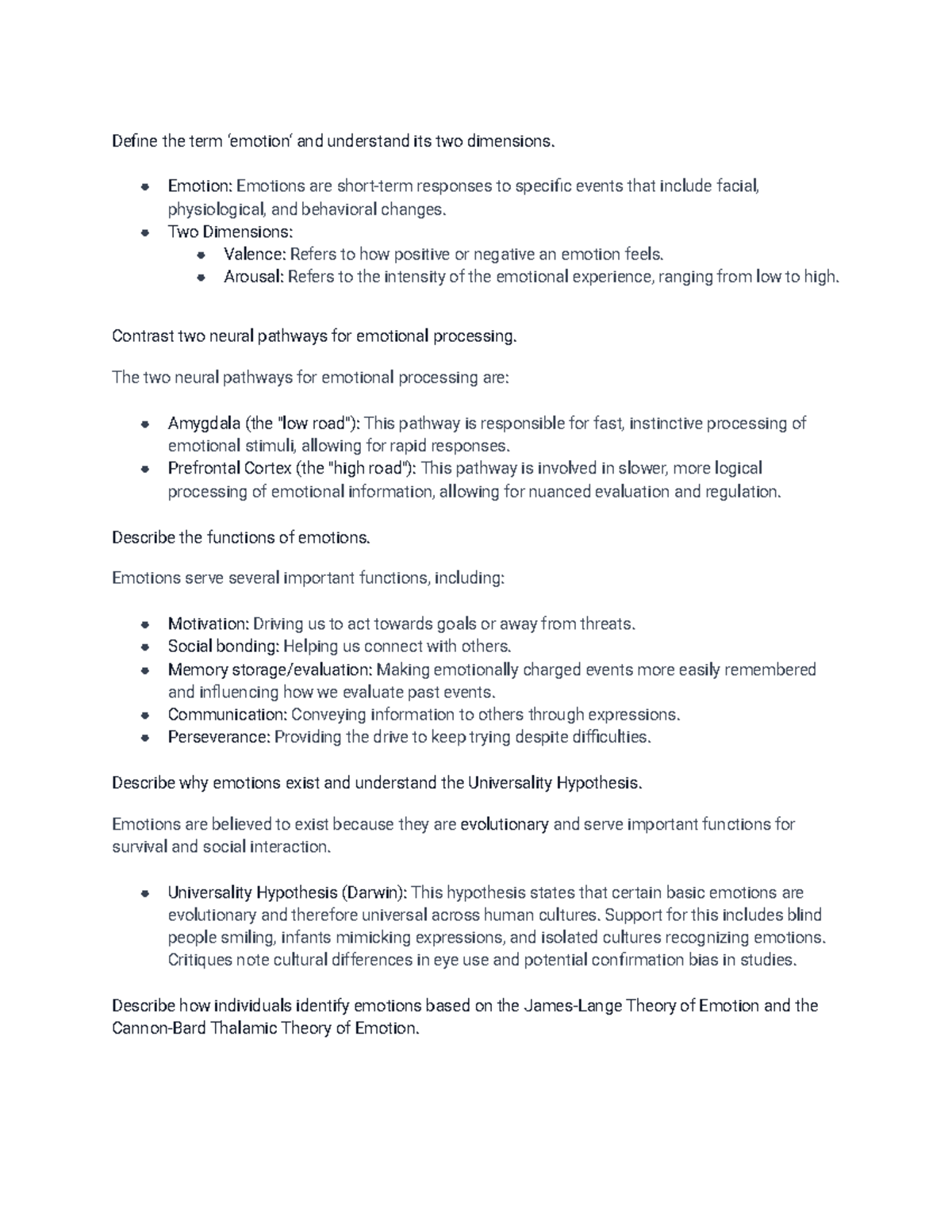 PsyA02 Summer Notes: Understanding Emotions and Their Functions - Studocu