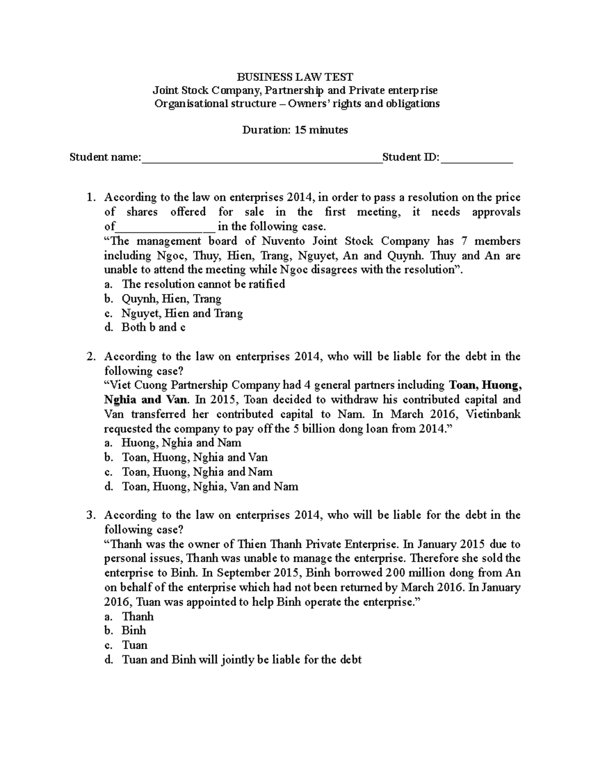 BUS 101 Final Exam Practice: Business Law Scenarios Analysis - Studocu