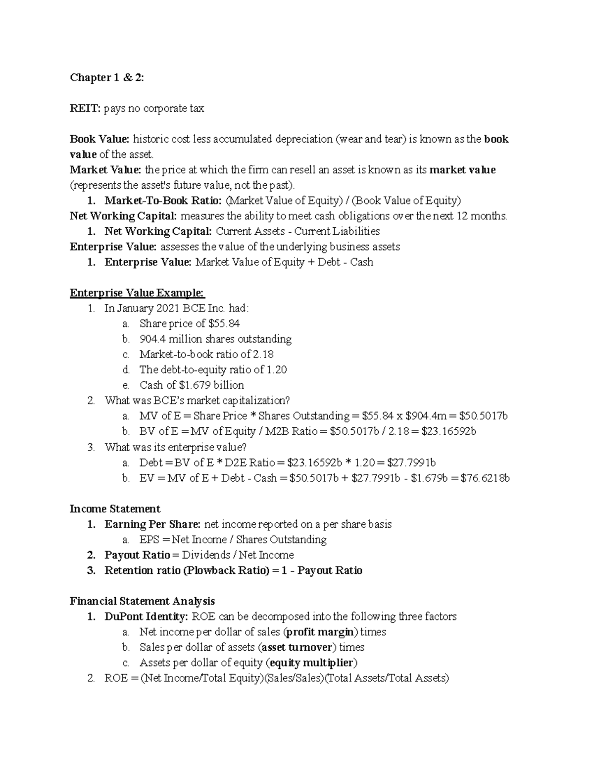 FIN 300 Midterm Study Sheet: Key Concepts in REITs and Financial Ratios ...