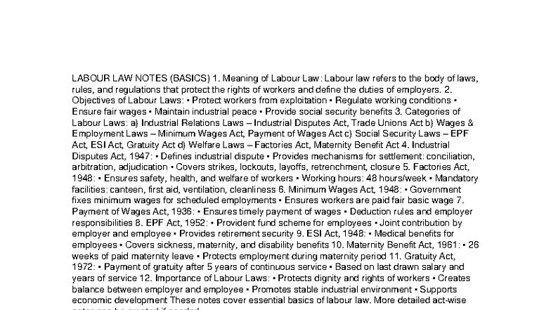 LABOUR LAW NOTES (BASICS) - Key Concepts & Regulations - Studocu