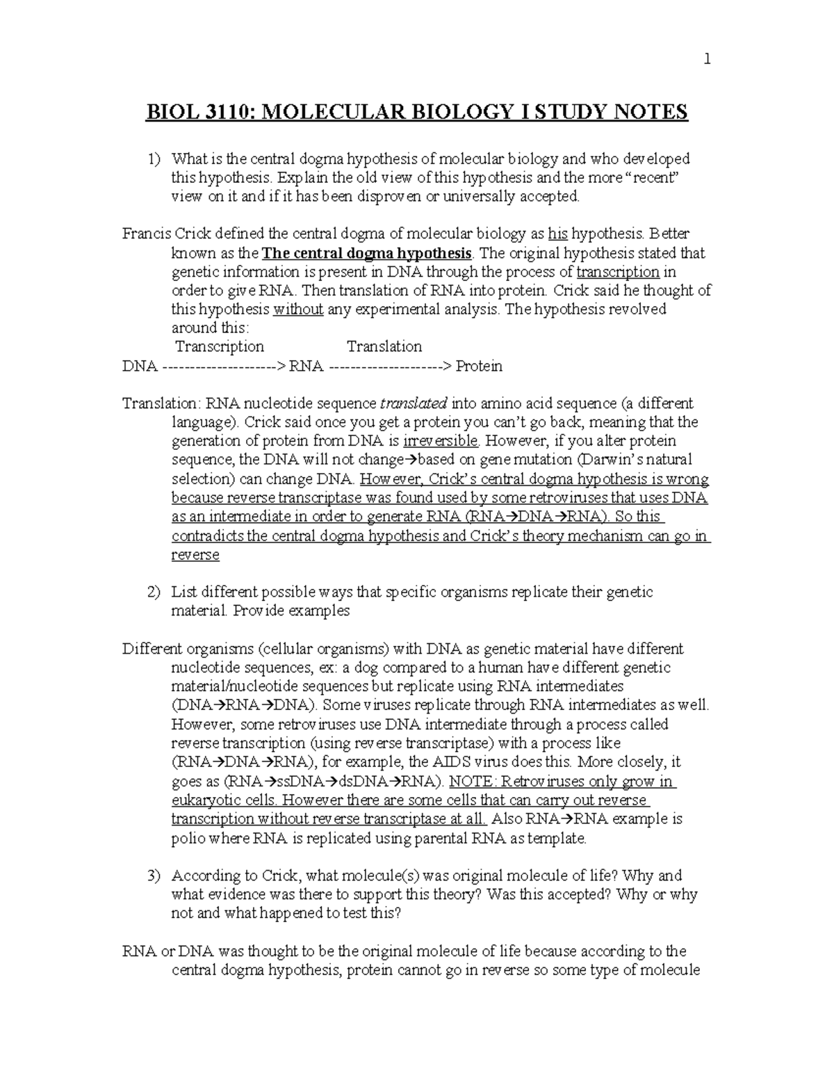 BIOL 3110: Molecular Biology I - Comprehensive Study Notes - Studocu