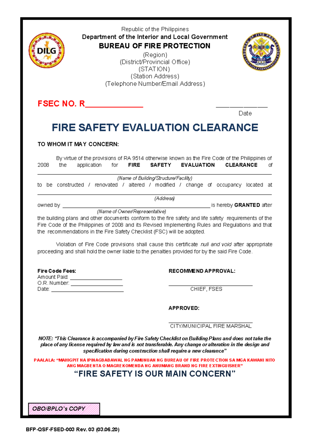 Fire Safety Evaluation Clearance (FSEC) - LGU Copy - Studocu