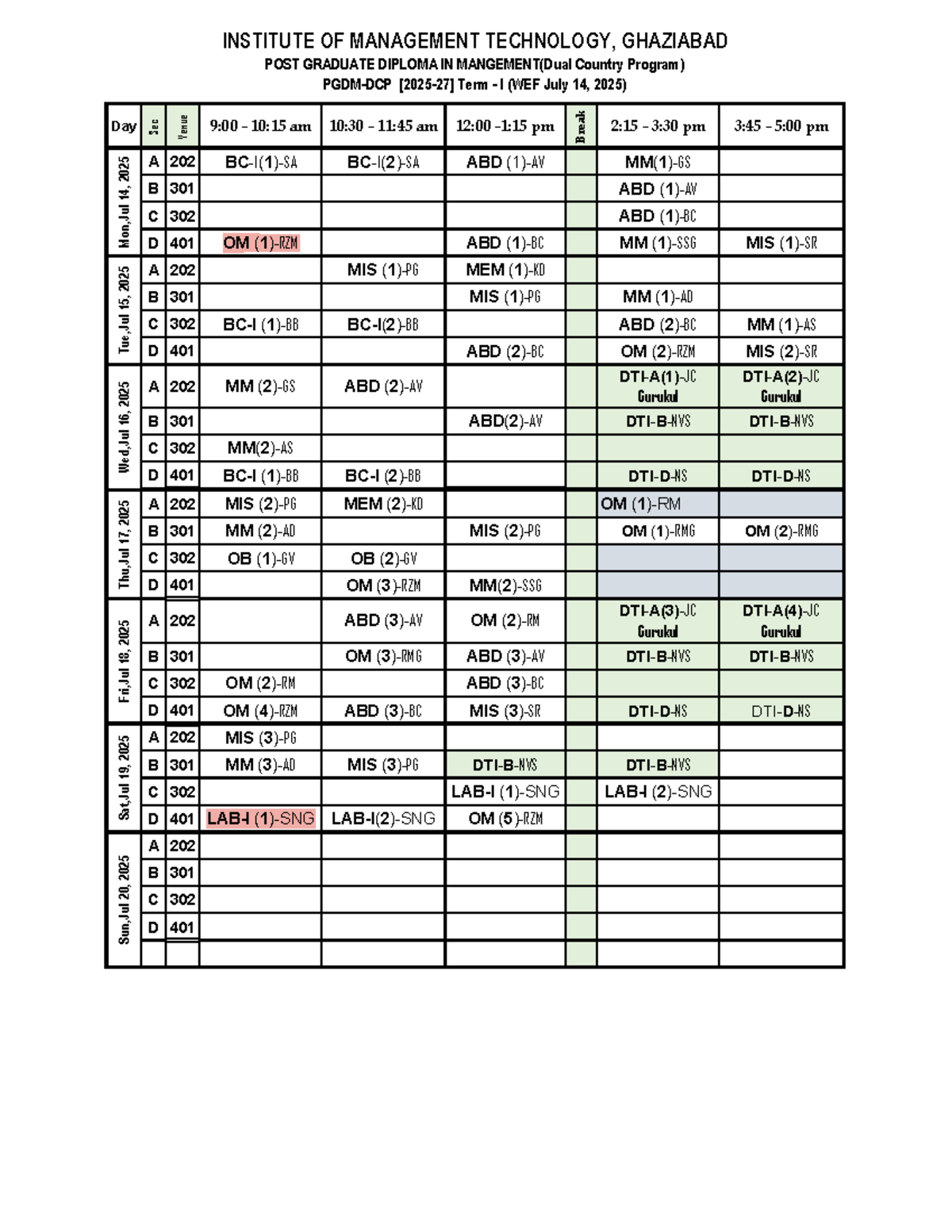 Academic Schedule for PGDM-DCP [2025-27] Term I (Week 1) - Studocu
