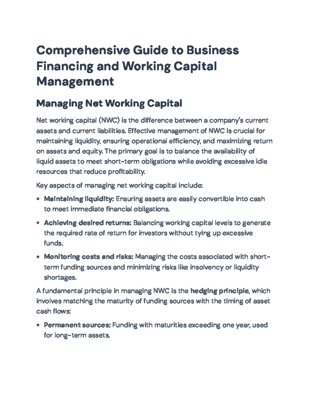 Comprehensive Guide to Business Financing & NWC Management (FIN 101 ...