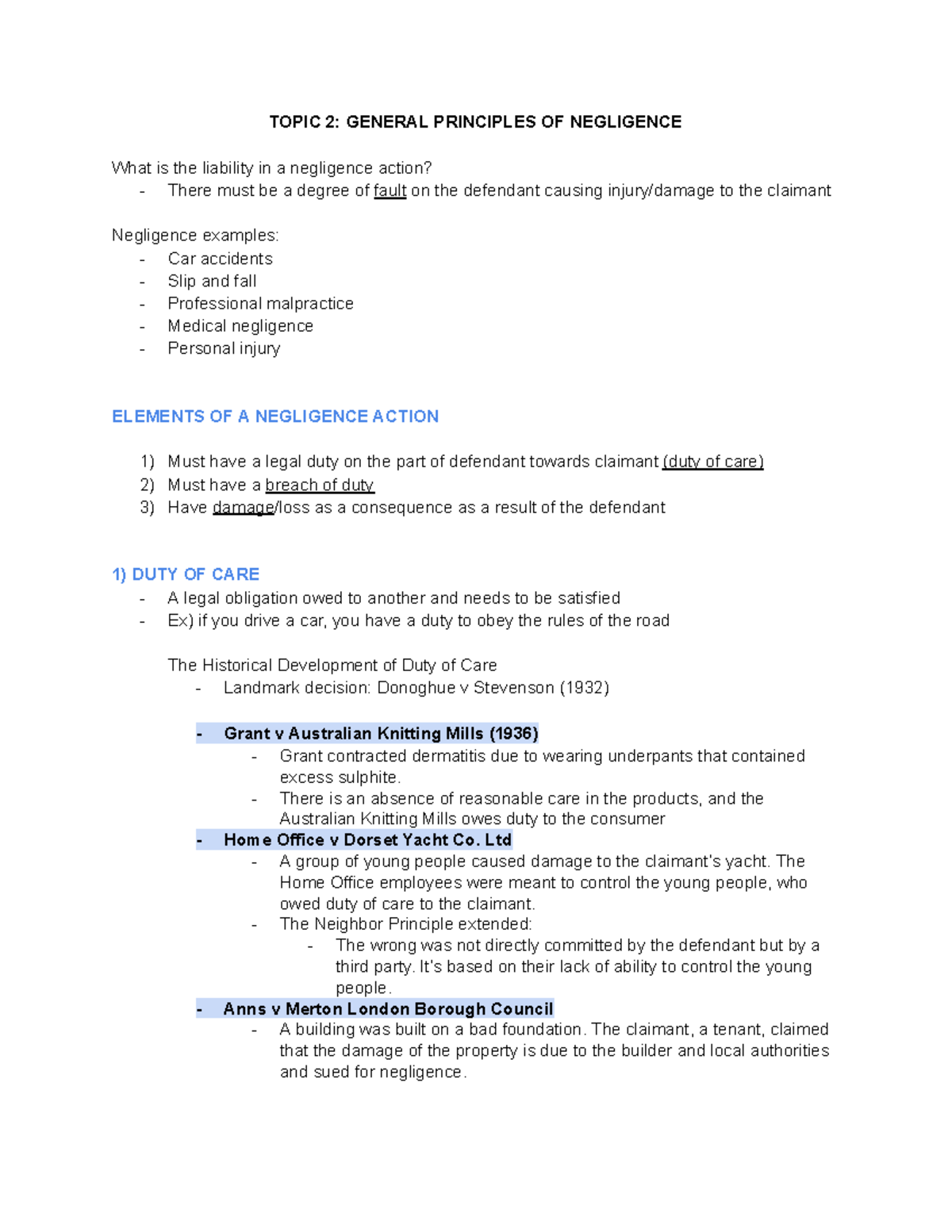 Topic 2: Tort of Negligence - Principles & Case Law Analysis - Studocu