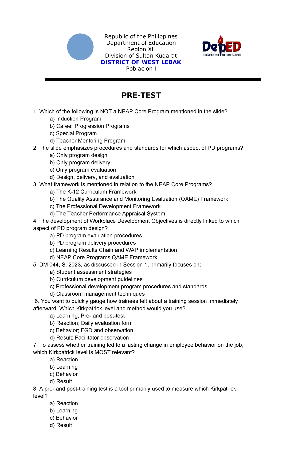 NEAP Core Programs & Quality Assurance in PD - Bdmes-PRE Exam Notes ...