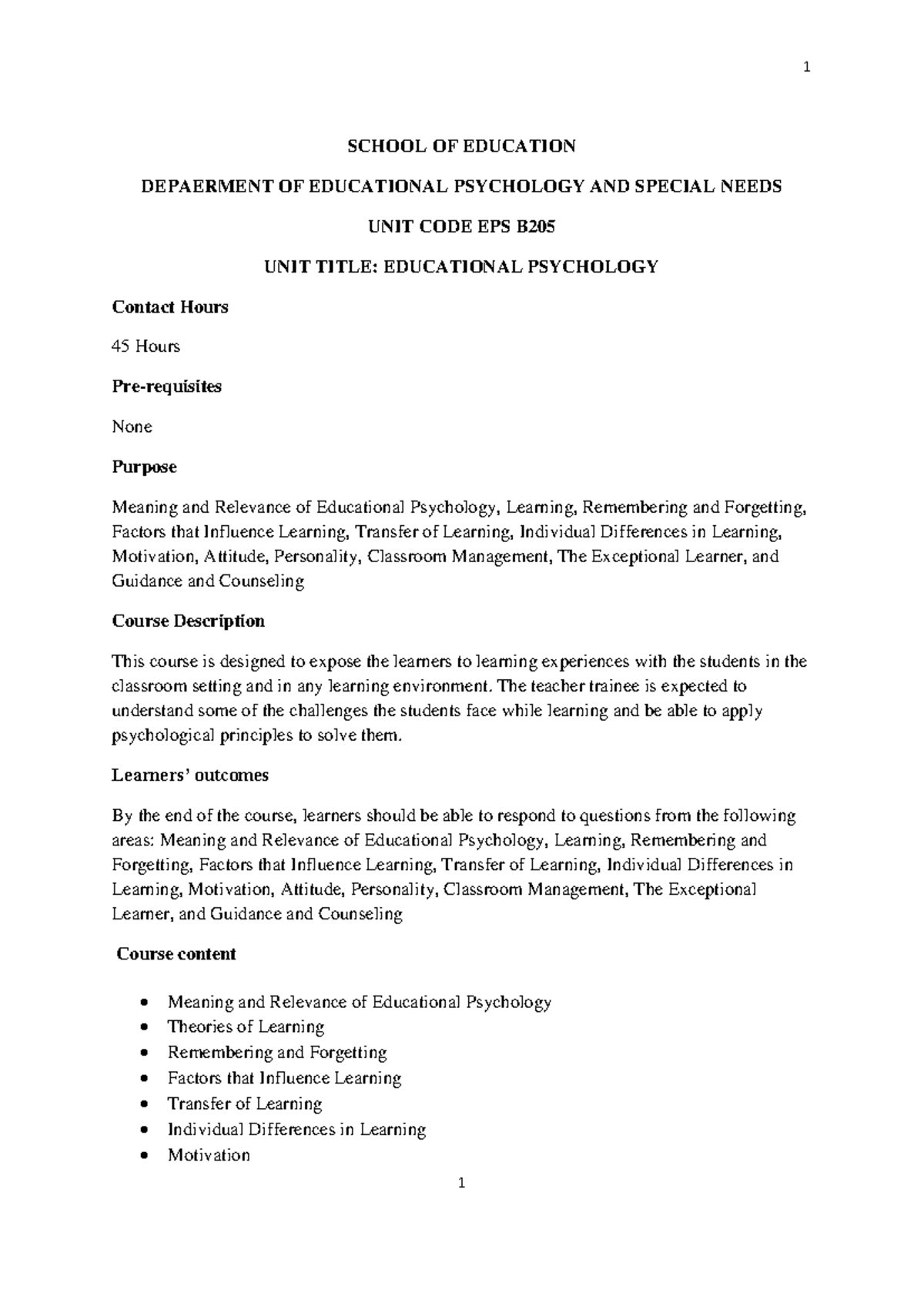 EPS B205 Mudule. PDF Course Outline - 1 1 SCHOOL OF EDUCATION ...