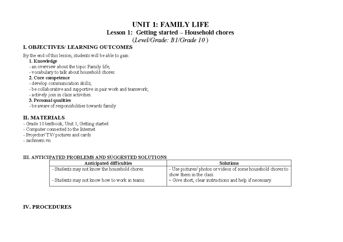 TA10 - Unit 1: Family Life Lesson 1 - Household Chores Overview - Studocu