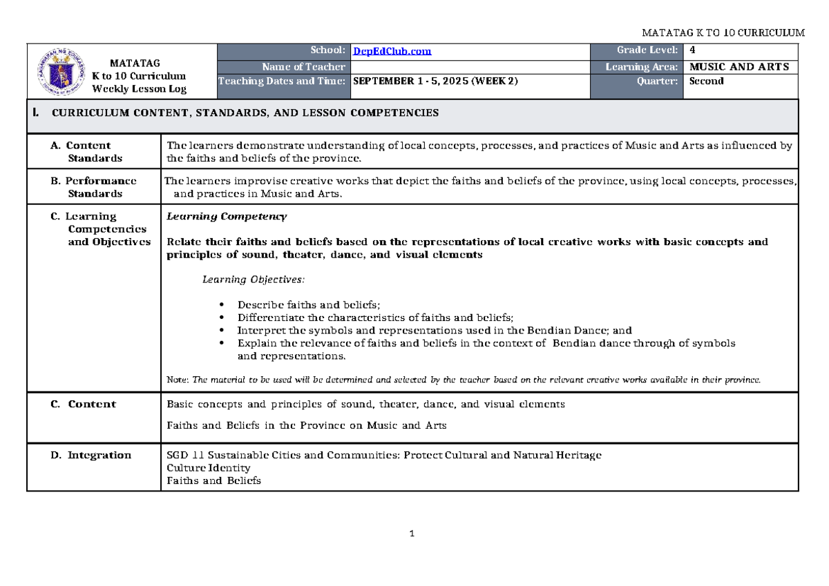 DLL Matatag K to 10 Music & Arts Grade 4 Week 2 Lesson Log - Studocu