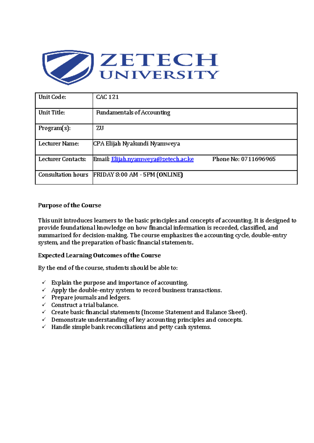 CAC 121 Fundamentals of Accounting Course Outline and Schedule - Studocu