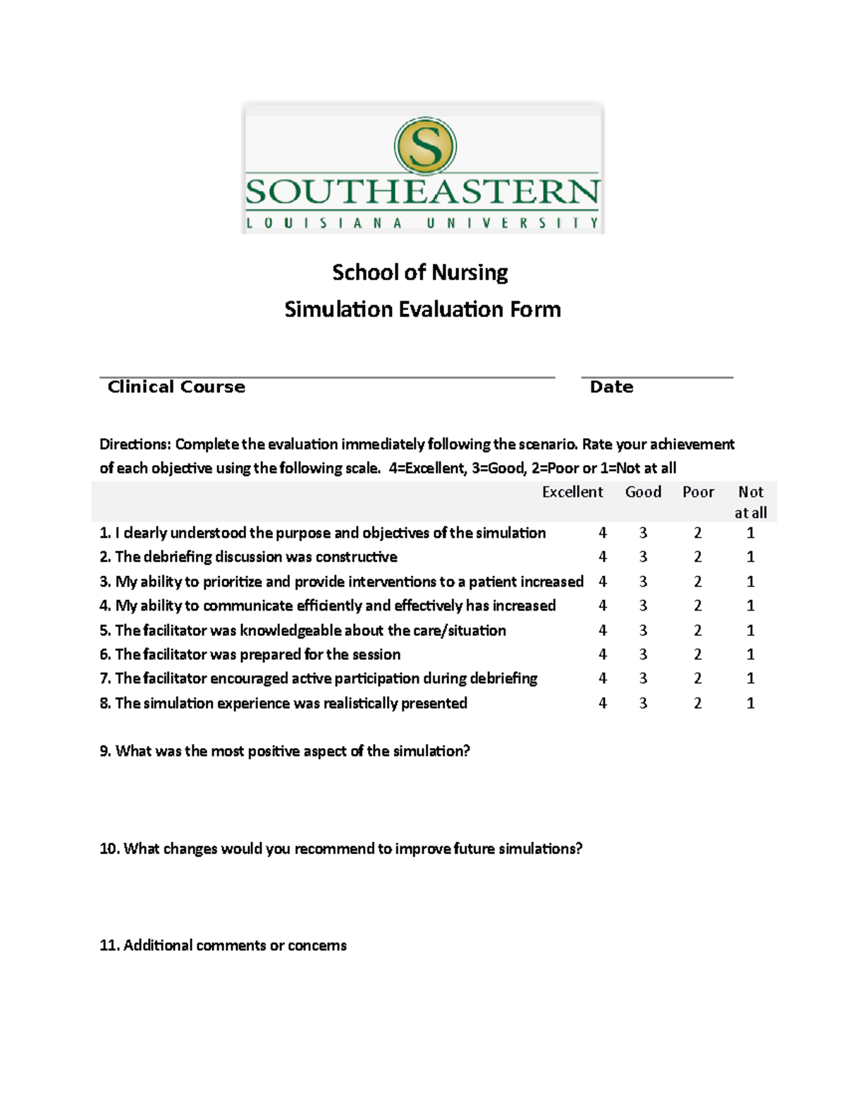 School of Nursing Simulation Evaluation Form - School of Nursing ...