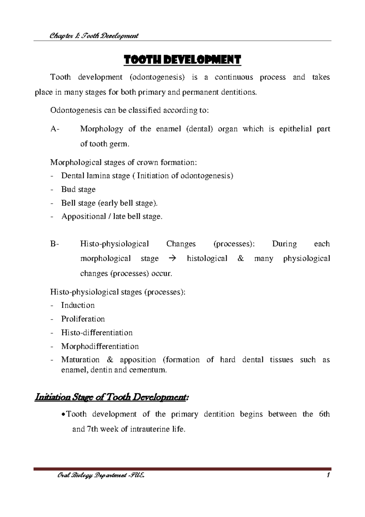 Tooth Development I: Stages of Odontogenesis and Induction Processes ...