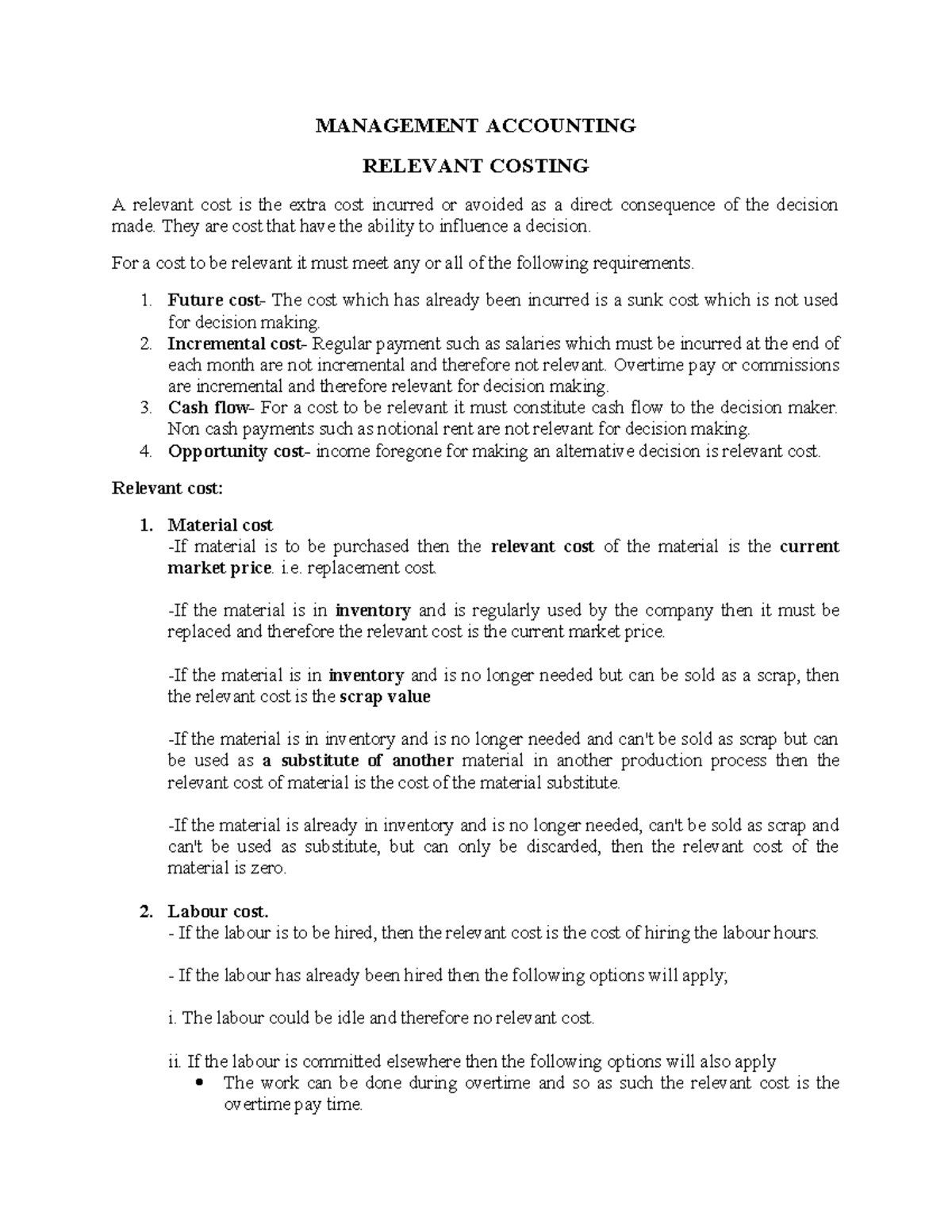 MANAGEMENT ACCOUNTING: RELEVANT COSTING LECTURER NOTES - Studocu