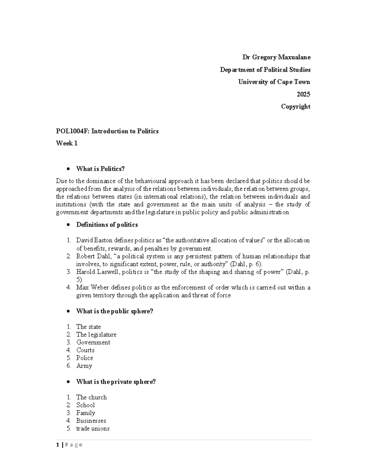 POL1004F: Week 1 Lecture Notes on Introduction to Politics - Dr Gregory ...