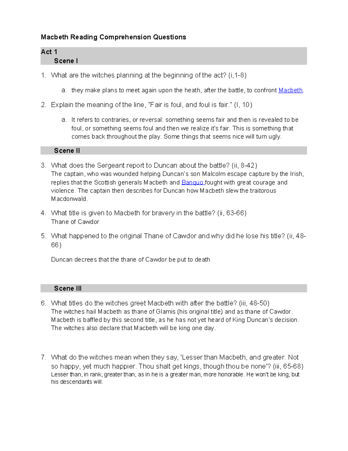 Macbeth Reading Comprehension Questions - Answers - Macbeth Reading ...