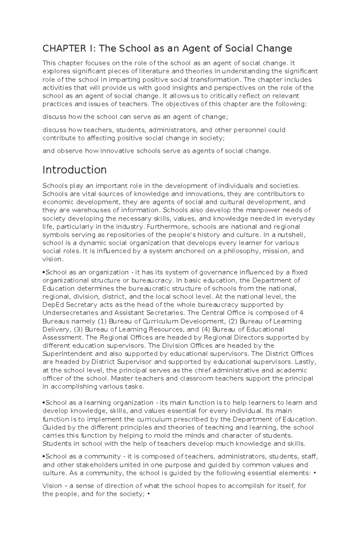 CHAPTER I: The School as an Agent of Social Change in Education - Studocu