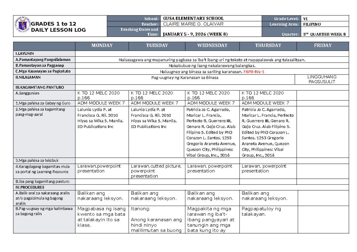 DLL Filipino 6 Q3 W8 - Daily Lesson Log for January 5-9, 2026 - Studocu