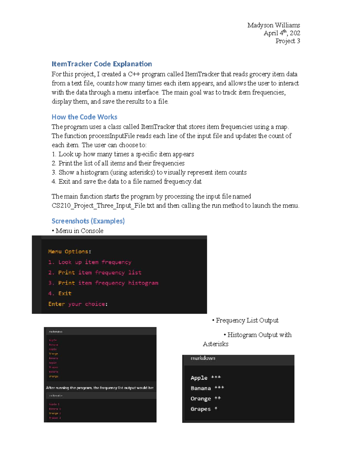 CS210 Project 3: ItemTracker Code Explanation and Functionality - Studocu