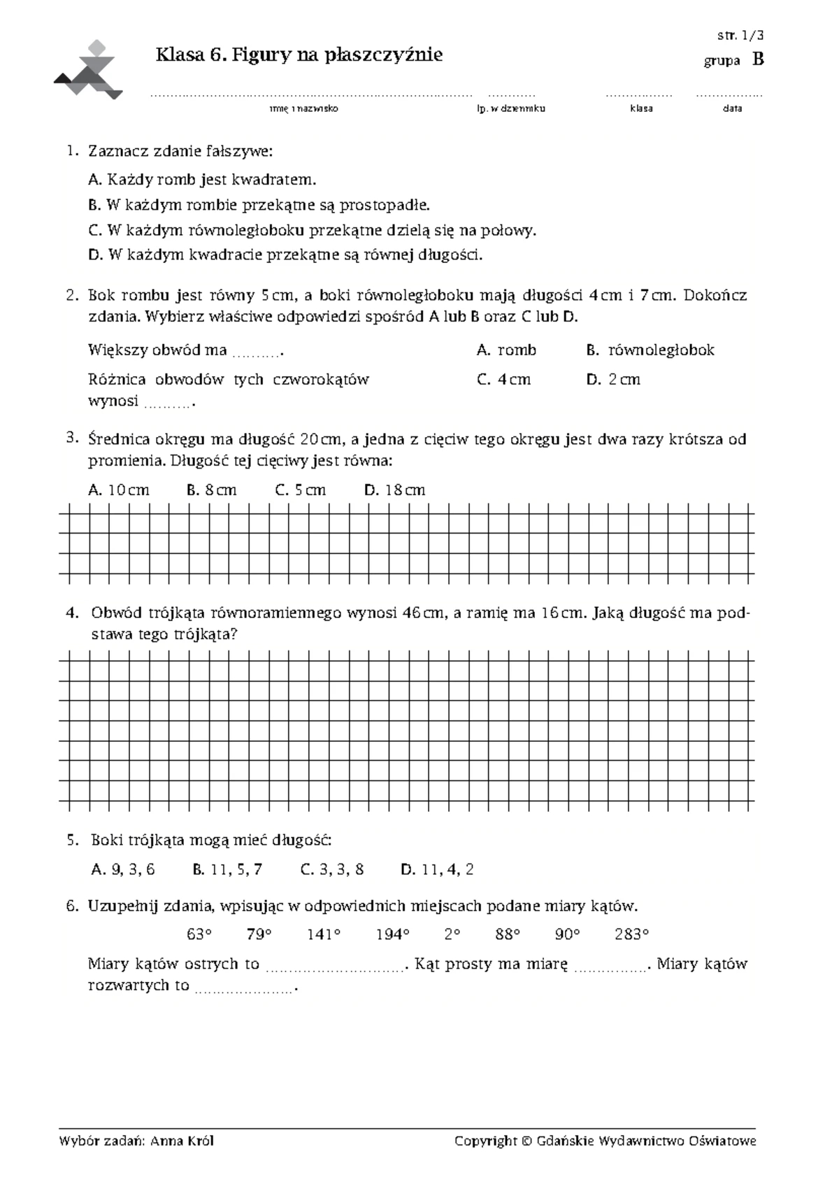 Figury Na Płaszczyźnie Sprawdzian Klasa 6 ćwiczenia www.studocu.com
