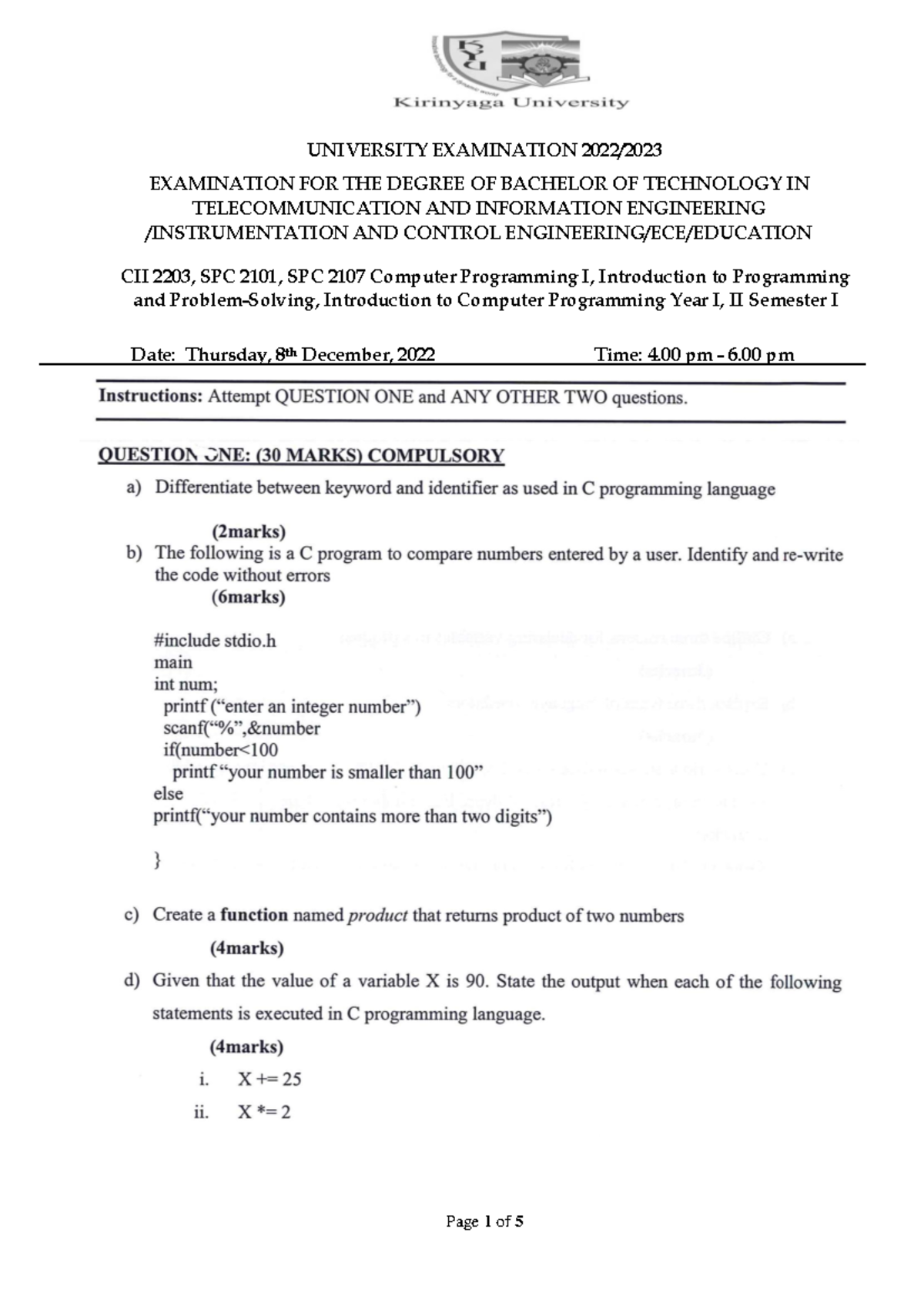 CII 2203, SPC 2101, SPC 2107 Computer Programming I, Introduction to ...