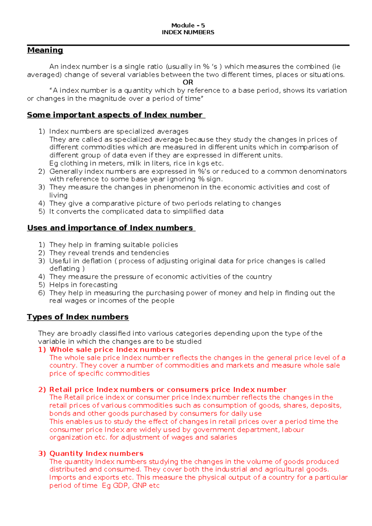Index Number Theory - Module – 5 INDEX NUMBERS Meaning An index number ...