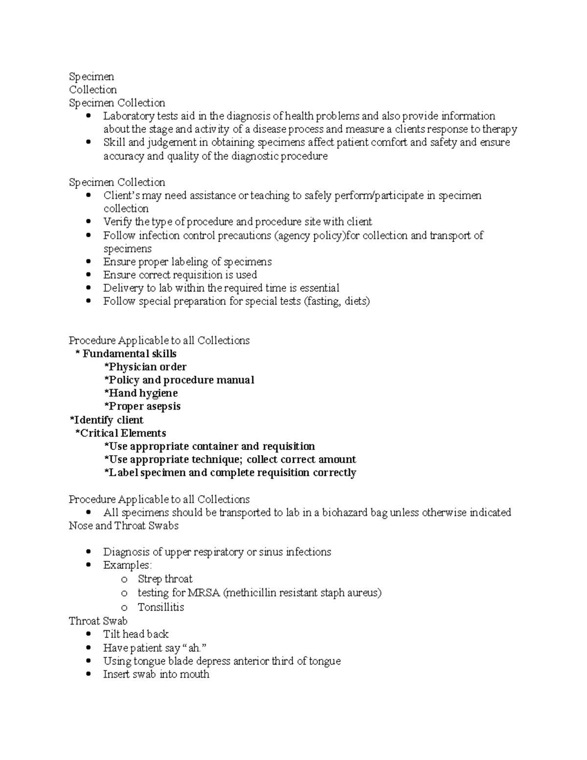 Specimen Collection Guidelines for Lab Tests and Procedures - Studocu