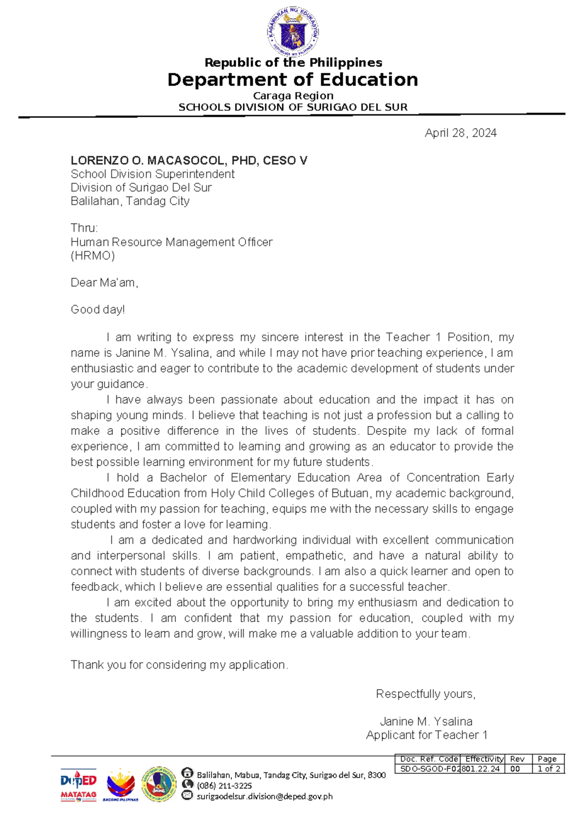 Application Letter for Teacher 1 Position - SDO-SGOD-F02801.22.24 - Studocu