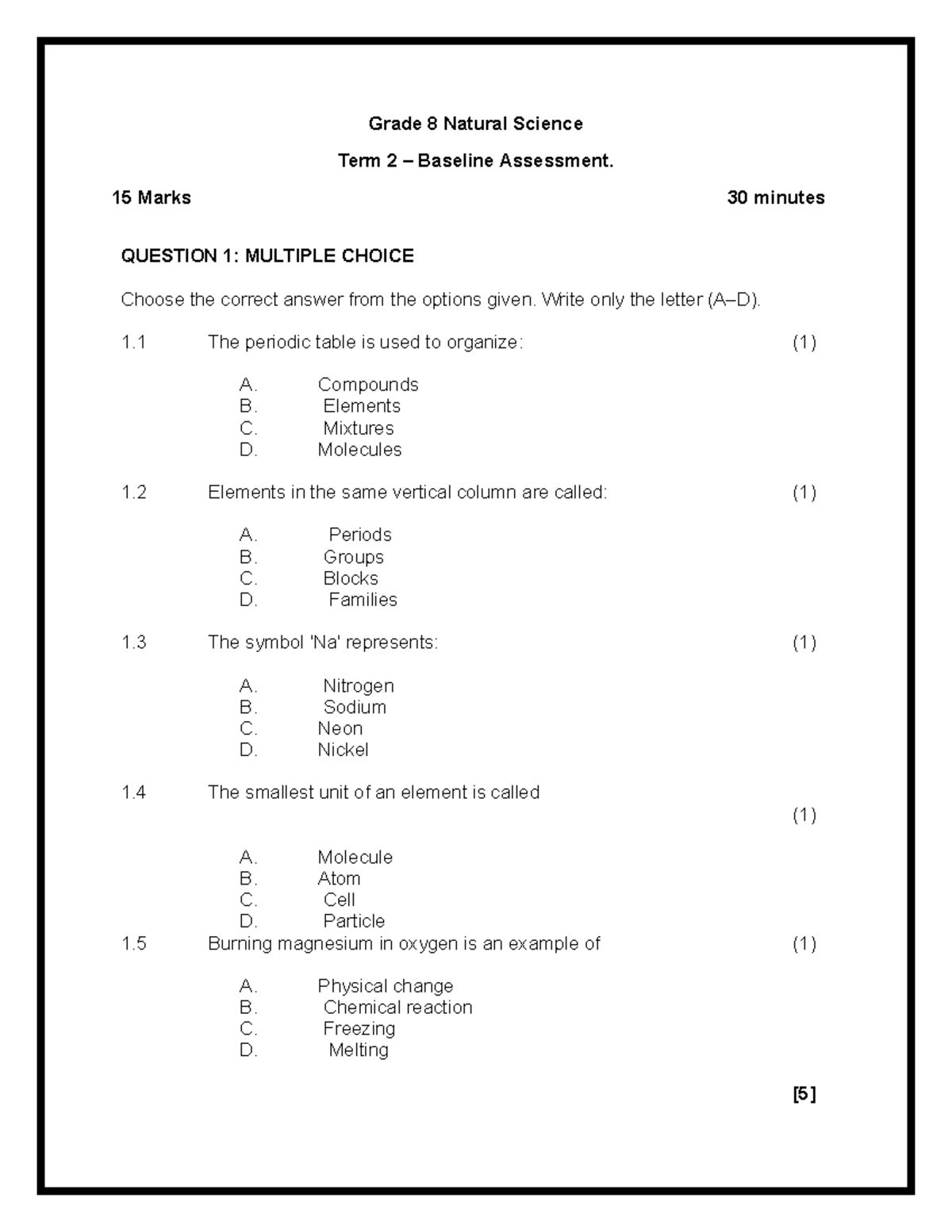 Grade 8 NS Term 2 Baseline Assessment - 15 Marks - Studocu
