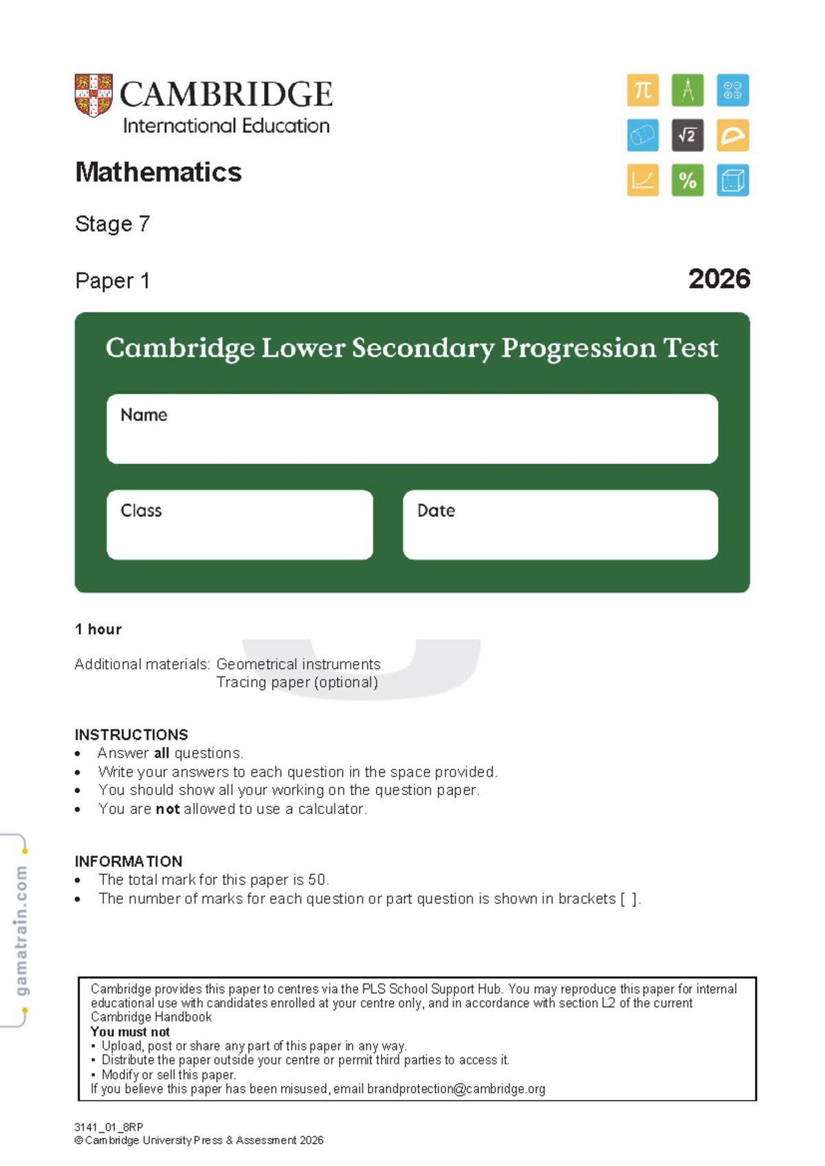 Mathematics Stage 7 Paper 1 2026 - Exam Questions and Instructions ...