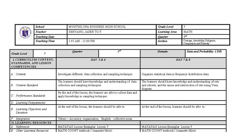 Grade 7 Math Lesson Plan: Data & Probability (Quarter I) - Studocu