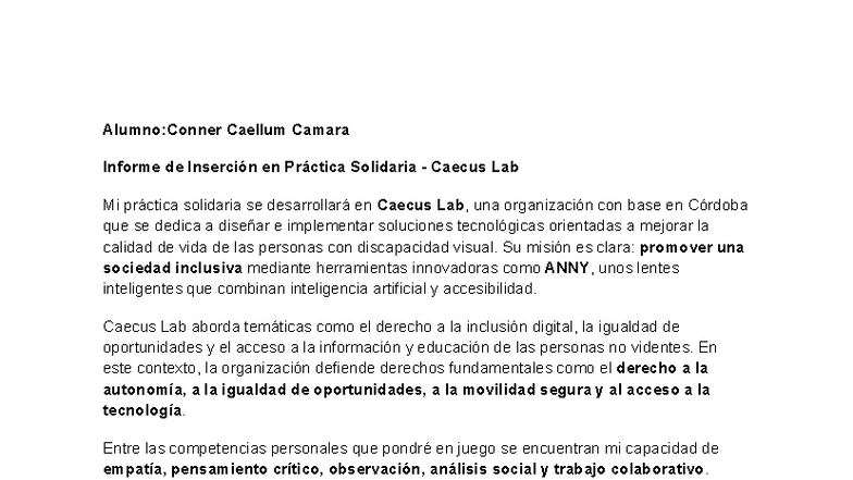 Informe de Inserción en Práctica Solidaria - Caecus Lab - Studocu