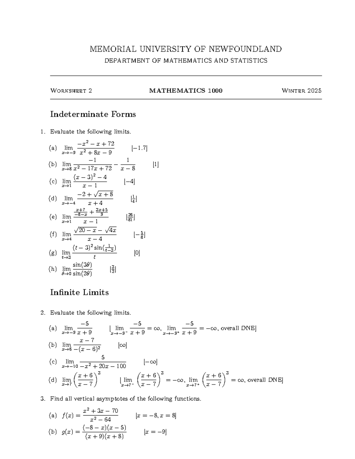 MATH1000 Tutorials Worksheets and Quizzes -3 - MEMORIAL UNIVERSITY OF ...