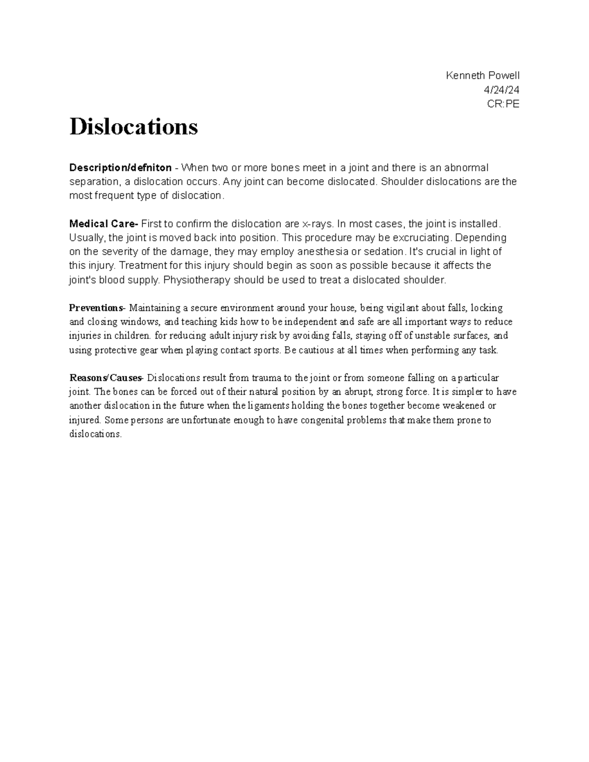 2.05 Common Injuries Project: Understanding Dislocations and Care - Studocu