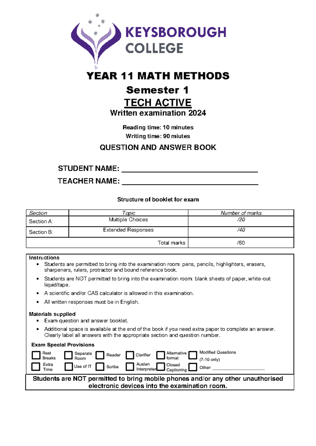 YEAR 11 MATH METHODS 2024 Semester 1 Tech-Active Exam Guide - Studocu